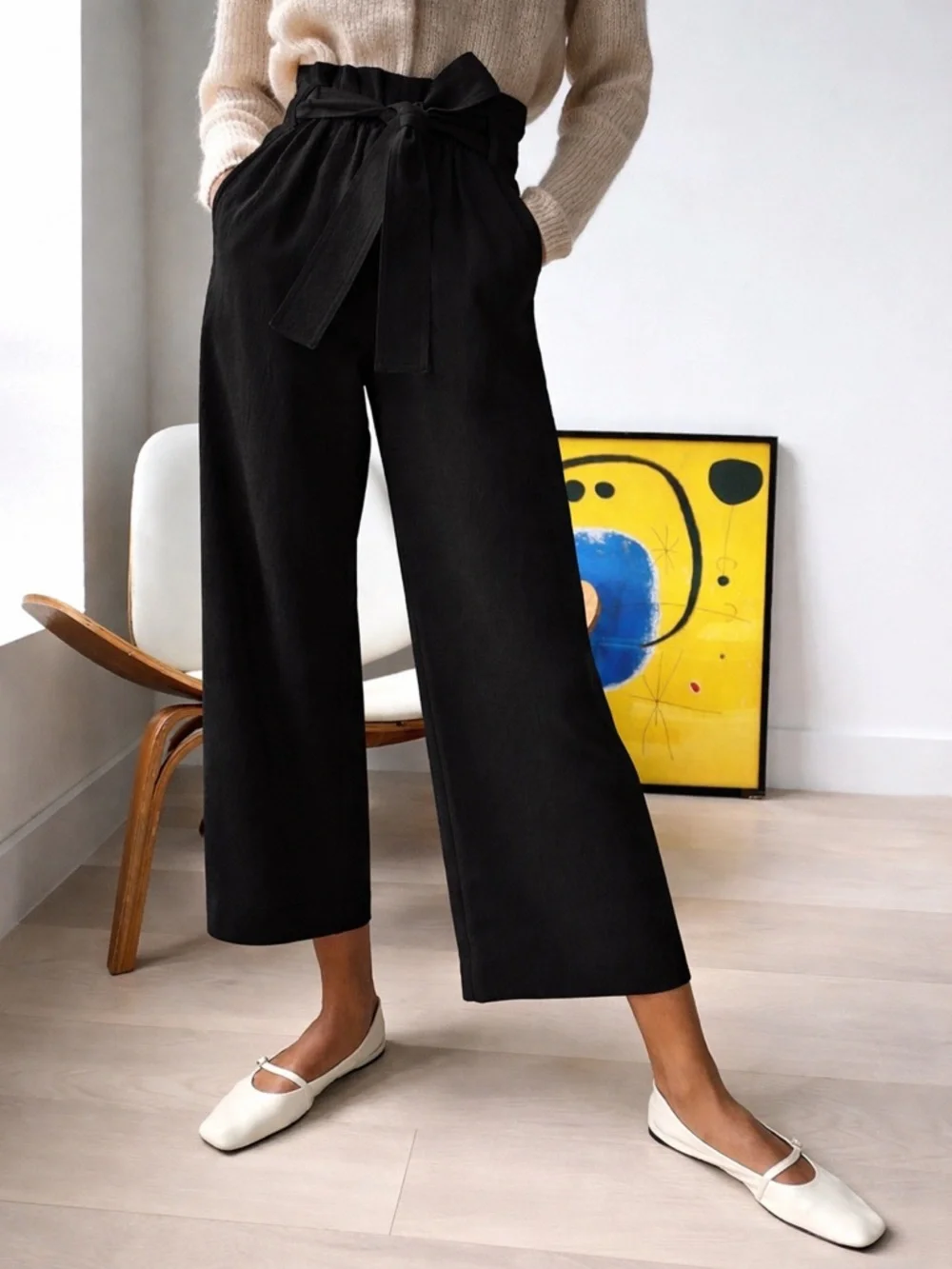 Aritzia Wilfred Paperbag Waist Wide Leg Cropped Pants Black Tie Waist Size 8 - Picture 1 of 12